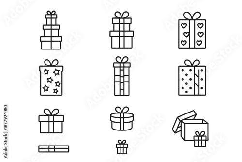 Gift Icon Collection. Gift tower collection. Line outline icon set of gift tower collection: tall stacked