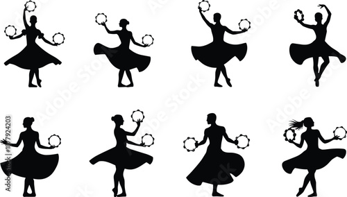 Traditional folk dancer silhouette set with tambourines, cultural dance poses, rhythmic movement, festive performance, elegant swirling costumes, celebration concept