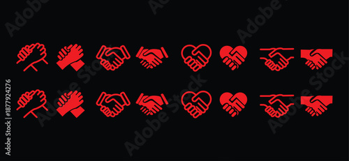 Handshake icon set. Business agreement handshake symbol. Friendly, partnership deal handshake line and silhouette sign. Transparent png and vector illustration.