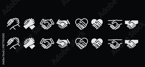 Handshake icon set. Business agreement handshake symbol. Friendly, partnership deal handshake line and silhouette sign. Transparent png and vector illustration.