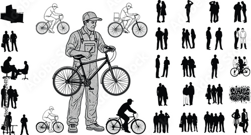 Urban bicycle lifestyle and diverse people silhouettes, cycling commuters, bike mechanic holding bicycle, business crowd groups and city social interaction scene