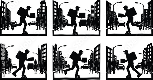 Urban courier on rollerblades delivering packages through city streets, fast delivery service, modern logistics, express shipping, street silhouette illustration