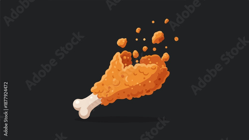 Crispy golden fried chicken leg with bone, some pieces flying off