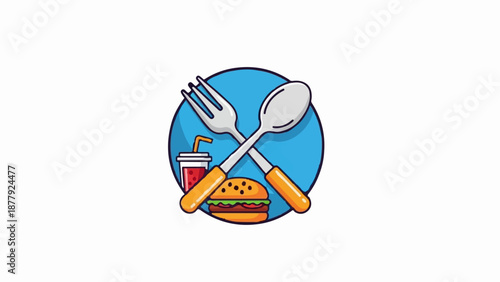Crossed fork and spoon with burger and drink on blue circle