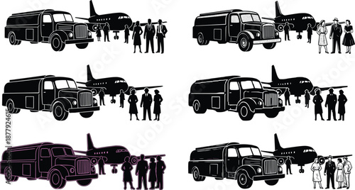 Vintage airport scene with refueling truck, classic airplane and passengers, mid-century aviation travel illustration featuring ground crew and retro flight equipment