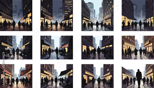 Urban city street at dusk with silhouettes of pedestrians, evening shopping district scene, modern cityscape lighting, metropolitan lifestyle illustration artwork