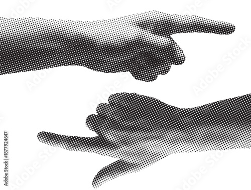 Two hands pointing fingers at each other in confrontation from opposite directions in a monochrome illustration