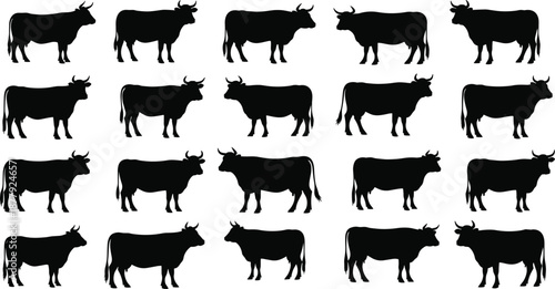 Black cow silhouettes in grid layout with one missing figure, representing pattern recognition, visual puzzle, and animal icon design for educational use