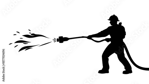 Heroic silhouette of a firefighter holding a water hose, emergency rescue service, bravery concept.