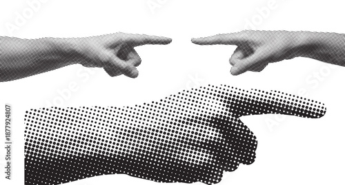 Three hands pointing fingers at each other in a confrontational gesture, illustrating conflict and tension between individuals in a stark black and white illustration from a straightforward viewpoint.