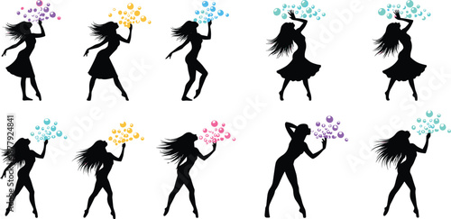 Woman silhouette dancing with colorful bubbles, fashion girl pose vector set, party celebration female figures, creative artistic illustration