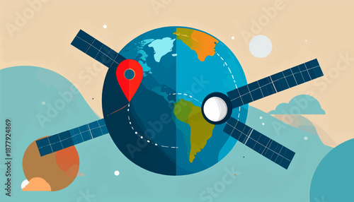 Earth with satellites, location pin, and abstract background elements