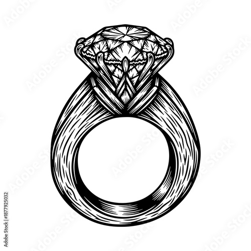 Elegant Vector Woodcut Diamond Ring Illustration for Valentine's Day. Engraved Love, Engagement, and Proposal Graphic.