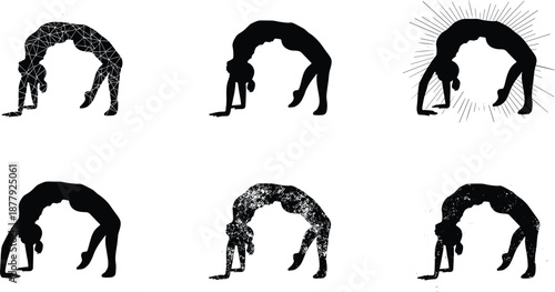 Yoga backbend pose silhouette set, flexible woman bridge position illustration, fitness stretching exercise vector icons in artistic modern styles