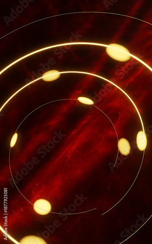 a golden spiral shaped light streaks with oval lights on a dark red background with streaks of light