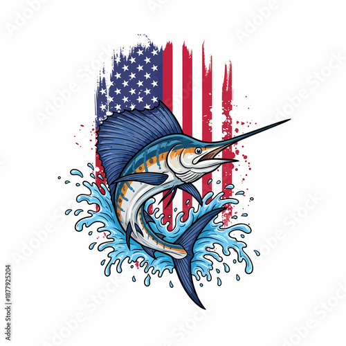 american flag sailfish jumping out of water with blue ocean splash vector illustration