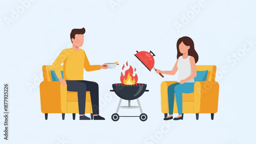 Couple enjoying barbecue and food at home on cozy armchairs