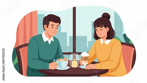 Couple enjoying coffee in a cafe with city view