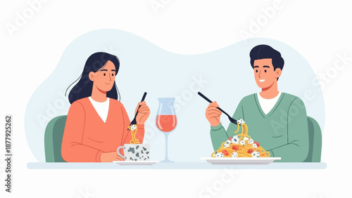 Couple enjoying pasta and wine at a table