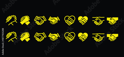 Handshake icon set. Business agreement handshake symbol. Friendly, partnership deal handshake line and silhouette sign. Transparent png and vector illustration.