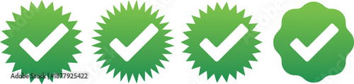 Set of green checkmark icons in different shapes and sizes for verification