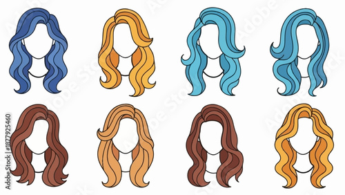 Eight cartoon hair styles in various colors, wavy and flowing