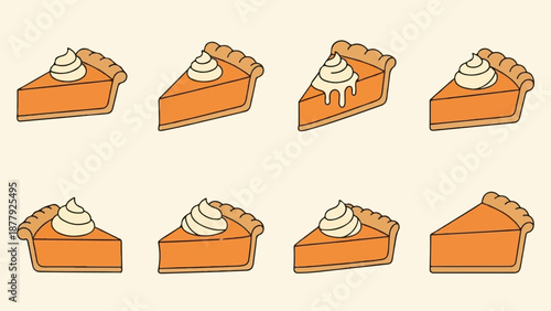 Eight cartoon slices of pumpkin pie, some with cream