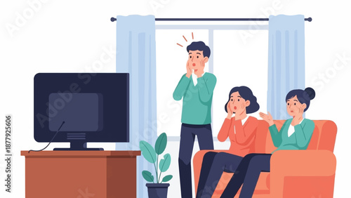 Family watching TV with shocked expressions
