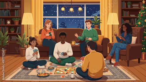 Cozy Christmas board game gathering vector illustration of family and friends enjoying holiday evening together