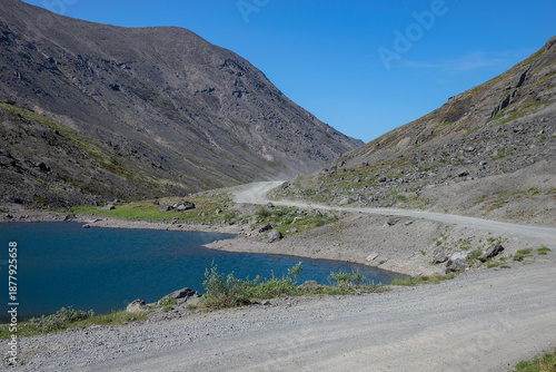 Road along the lake shore. Khibiny, Murmansk region. Russia