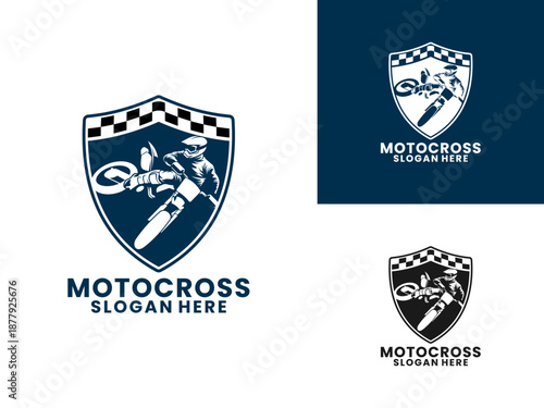 Motocross abstract silhouette with shield logo design. Motocross Competition logo vector template