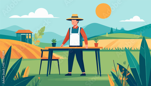 Farmer in hat and overalls stands at a table in a stylized rural landscape under a bright sun