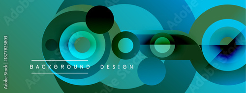 Abstract circles, gradients create modern design. Teal, turquoise hues dominate composition. Minimalist aesthetic, clean lines present.