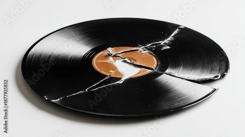 broken vinyl record on white background