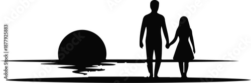 Father and daughter silhouette walking on beach at sunset