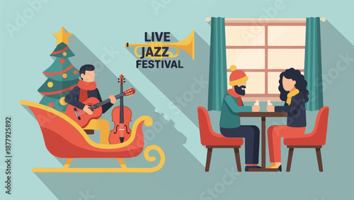 Festive jazz concert with musicians in a sleigh and couple at a table
