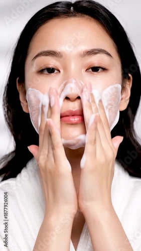 Woman's face being cleansed with white foam, close-up