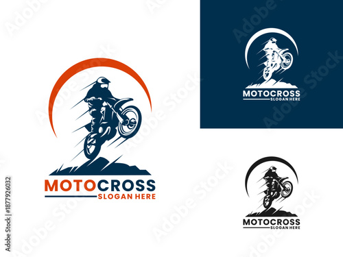 Motocross jumping with sun silhouette logo design vector template. Motocross sport logo design vector.