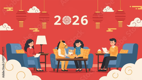 Festive 2026 scene with people, pets, and lanterns