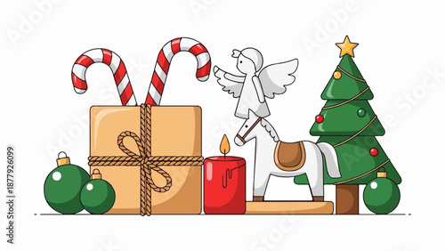 Festive arrangement of Christmas tree, gift, candy canes, ornaments, rocking horse, candle, and angel