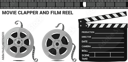 Movie Clapperboard and Film Reel Vector Illustration Set Featuring Cinema Production Equipment, Filmstrip Elements, and Filmmaking Icons for Media and Video Projects