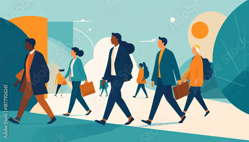 Diverse group of professionals in suits and casual wear walk purposefully across a stylized, colorful urban landscape