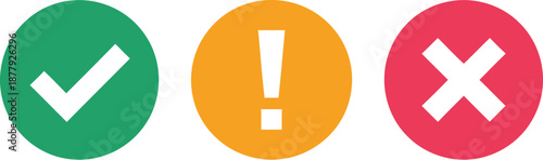 Green check mark, yellow exclamation point, and red cross symbols on a white background