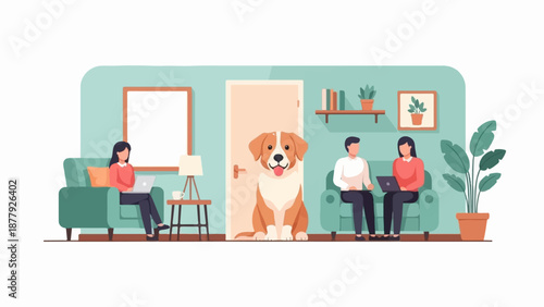 Diverse individuals and a dog in a cozy, well-lit room, working on laptops