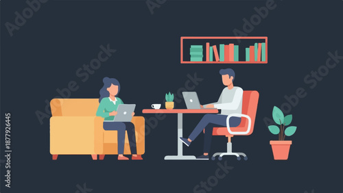 Diverse individuals collaborating and working remotely from a comfortable home office setup