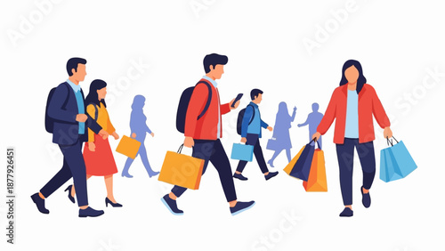 Diverse individuals carrying shopping bags and bags, walking across a white background