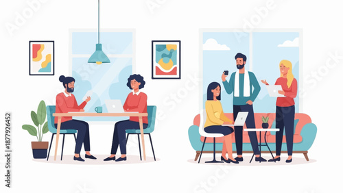 Diverse individuals collaborate and work remotely in modern, sunlit office spaces