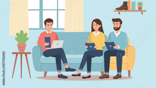 Diverse individuals collaborate on devices while relaxing on a sofa in a bright room