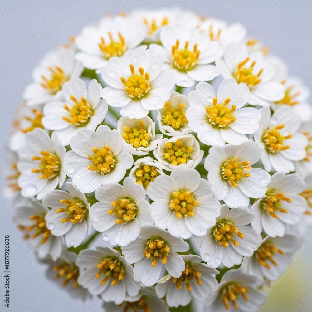 Obraz premium Close up of a beautiful white yarrow flower head with yellow centers against a soft pastel background with white flowers and floral and macro