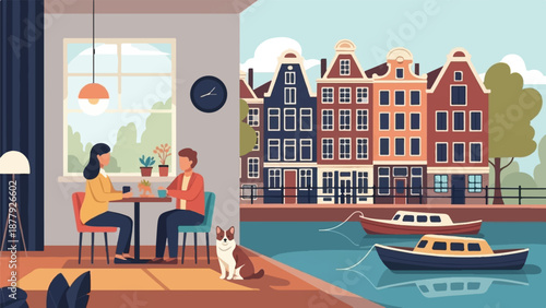 Cozy indoor scene with people and dog, juxtaposed with a canal and charming old buildings